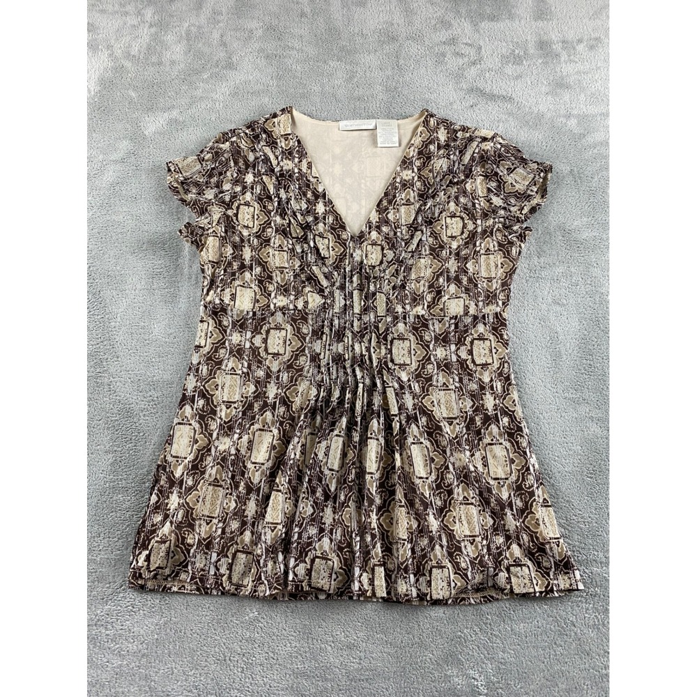 Worthington Womens Brown Medallion Mesh Pleated V-Neck Blouse Top Large RN101928